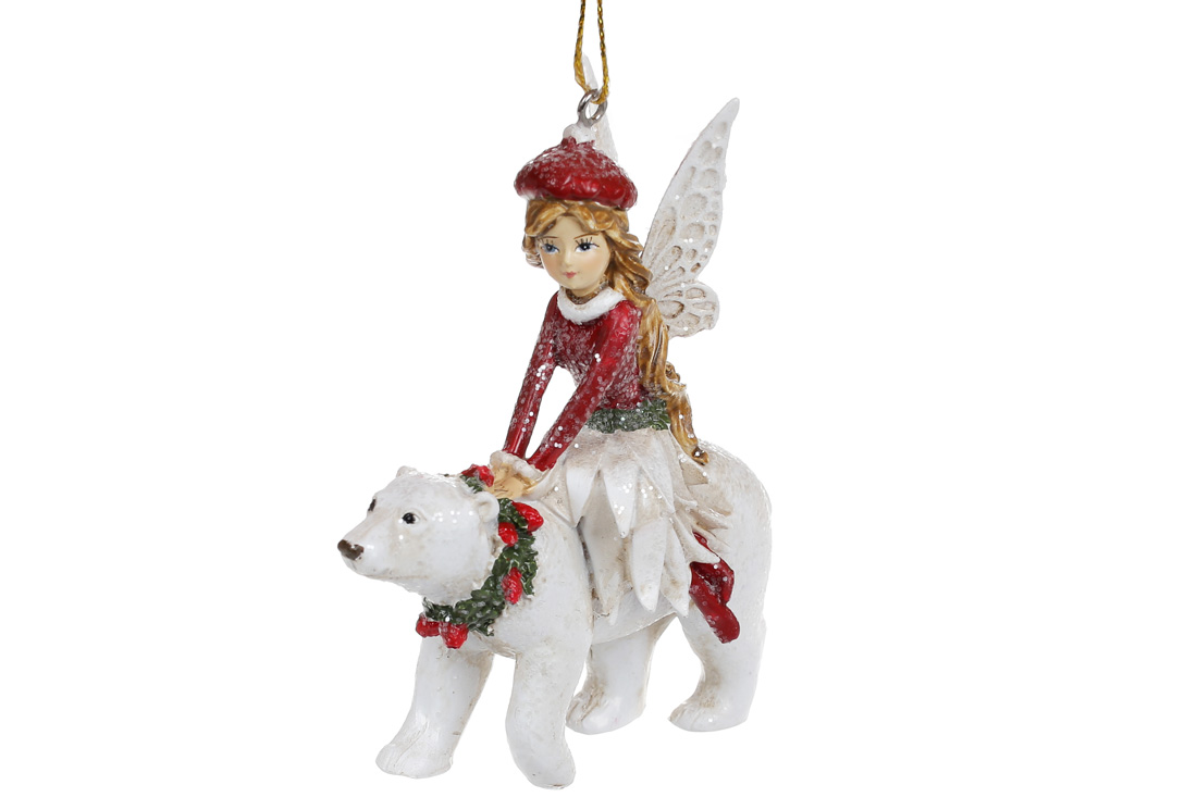 Декоративна підвіска Фея з ведмедем, 11см, колір - червоний із зеленим та білим - Фото