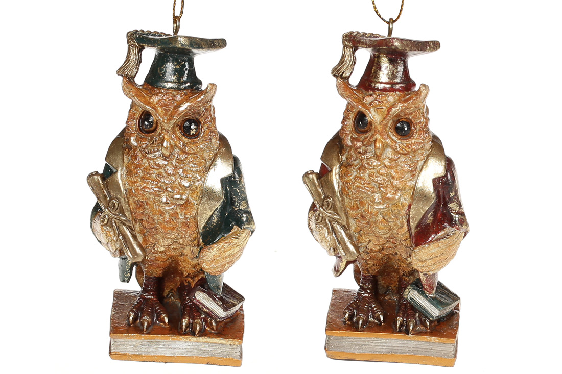 Декоративна підвісна фігурка Сова з книгою, 12см, 2 дизайни, колір - бордо із золотом та синій із золотом - Фото