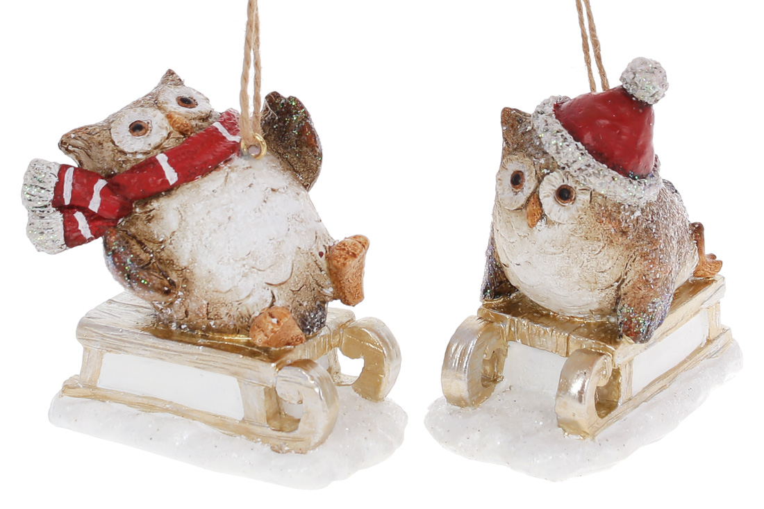 Декоративна підвісна фігурка Совушка на санчатах, 9см, 2 дизайни, колір - білий з коричневим - Фото