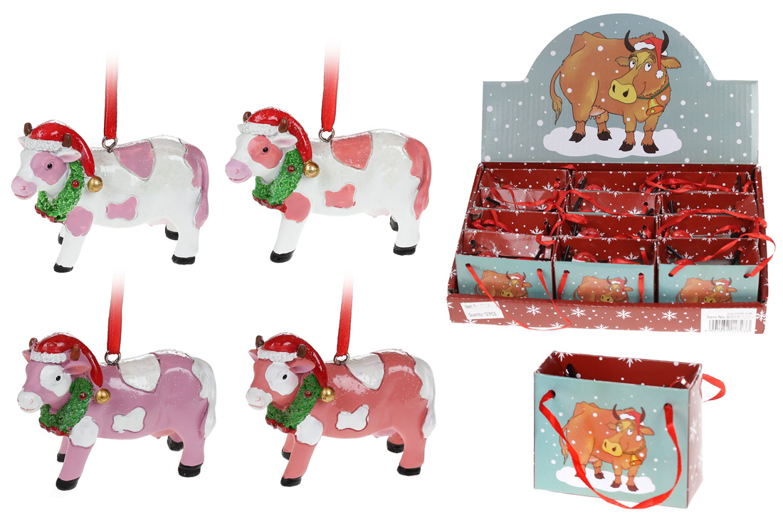 Декоративна підвісна фігурка Новорічна Корівка, 7см, 4 дизайни, колір - рожевий, персик з білим - Фото