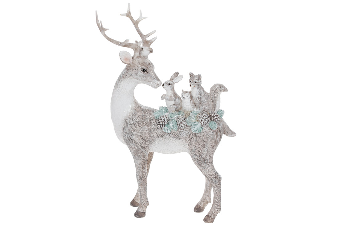 Декоративна статуетка Олень з лісовими жителями 26см, колір - сірий з м'ятою - Фото