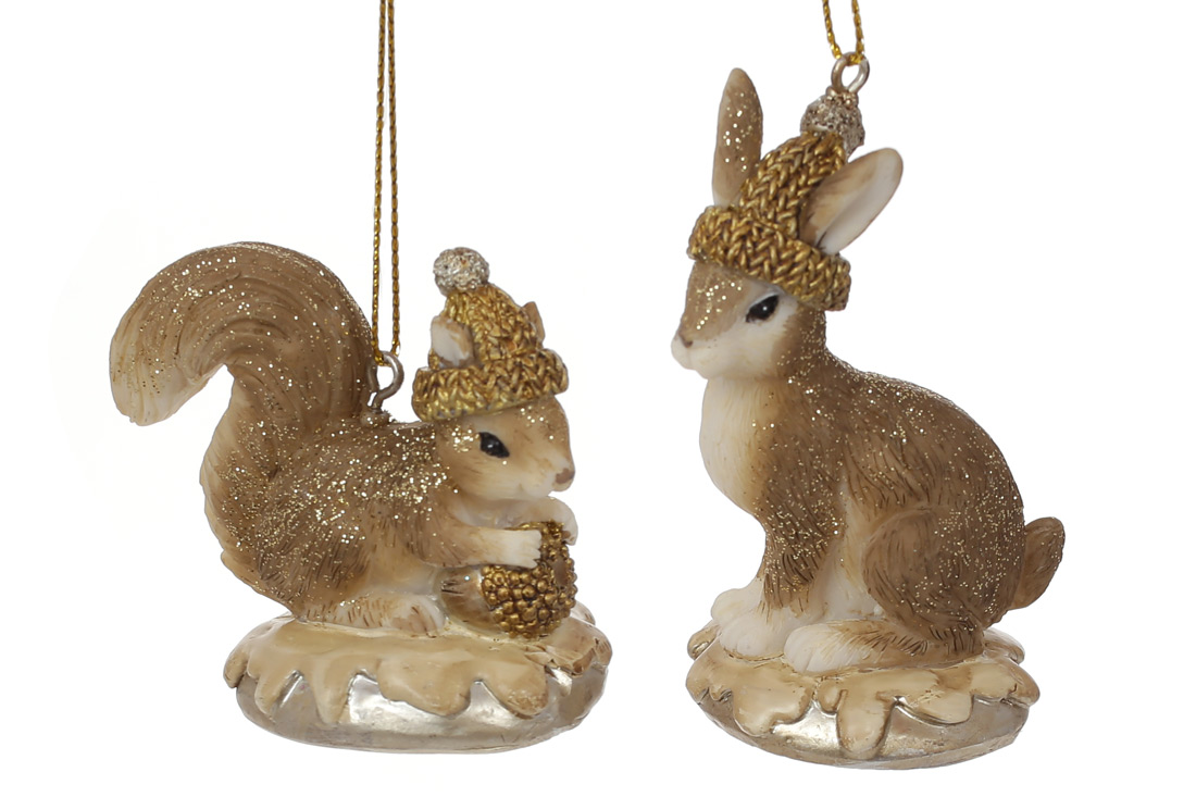 Декоративна фігурка на підвісі Білка та Заєць 7.5см, колір - коричневий із золотом, 2 дизайни - Фото