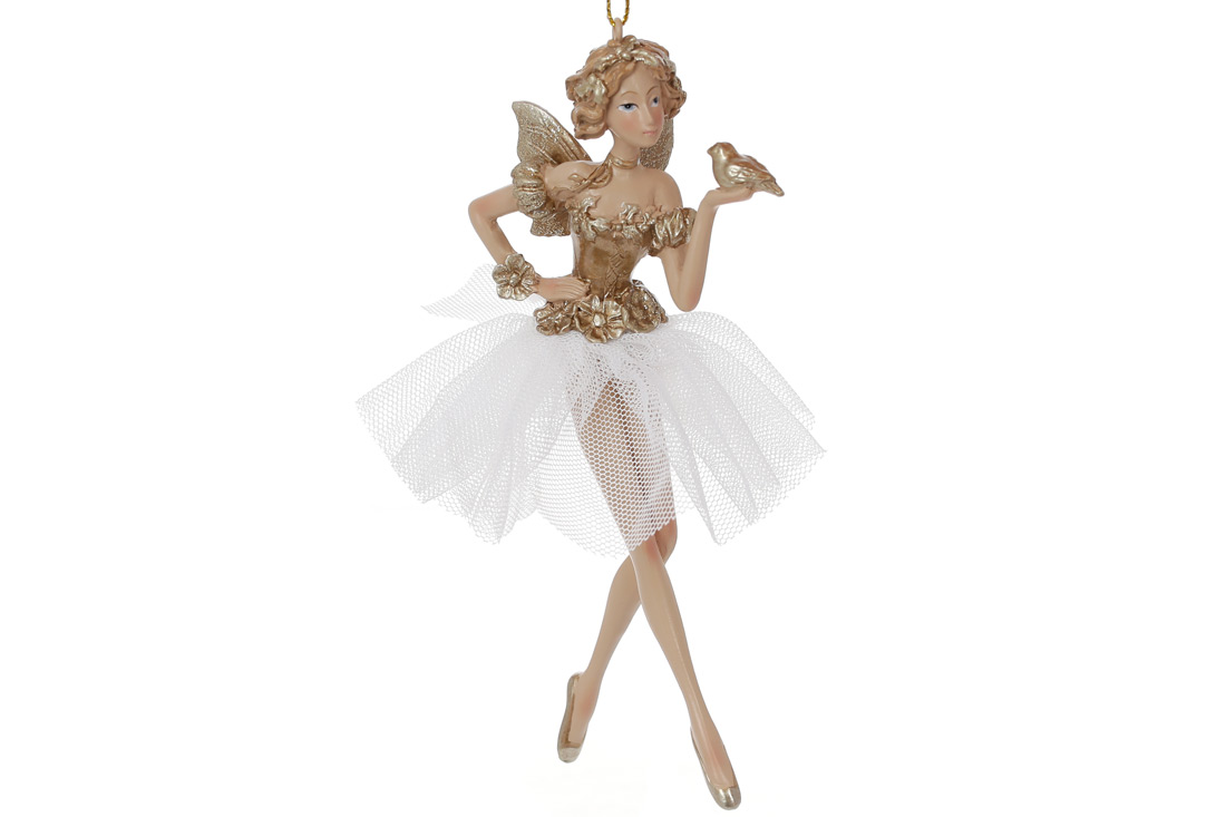 Декоративна фігурка на підвісі Фея з пташкою 15.5см, колір - золото з білим - Фото