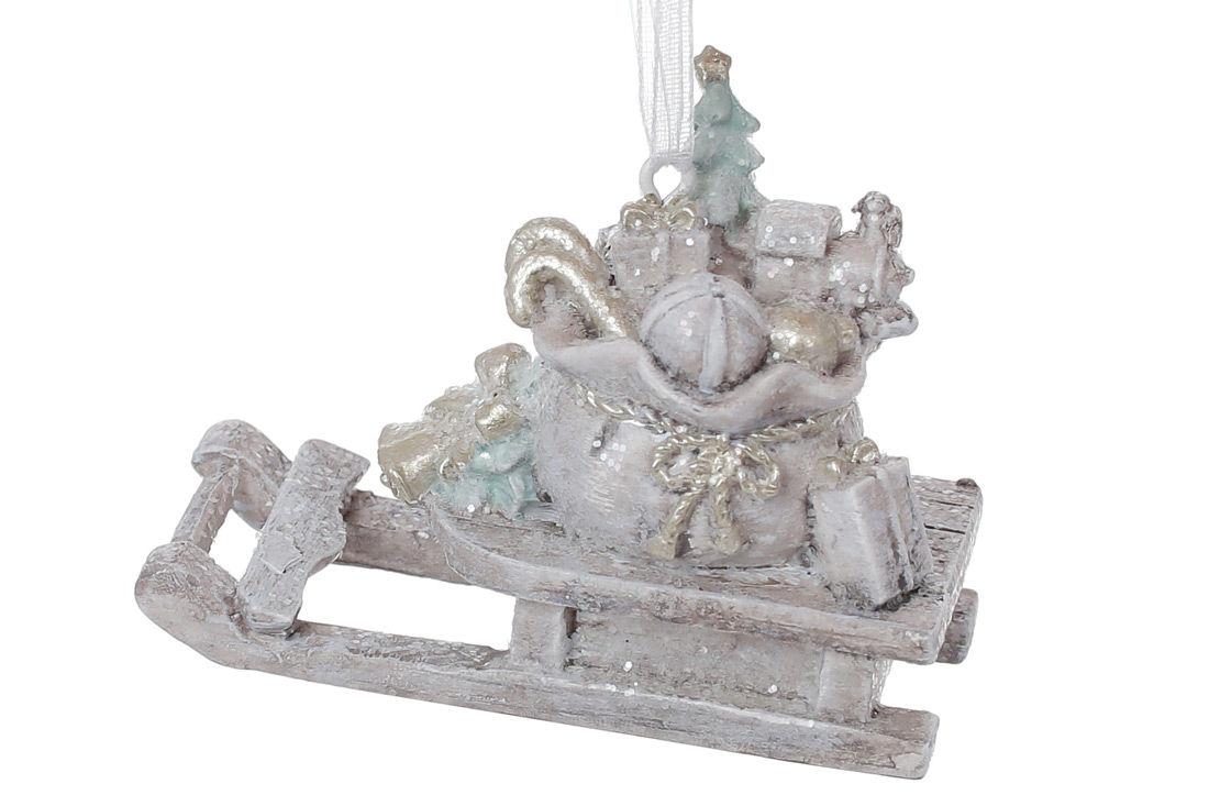 Декоративна фігурка на підвісі Санки з подарунками, 7.5см, колір - сірий з шампанню та м'ятою - Фото