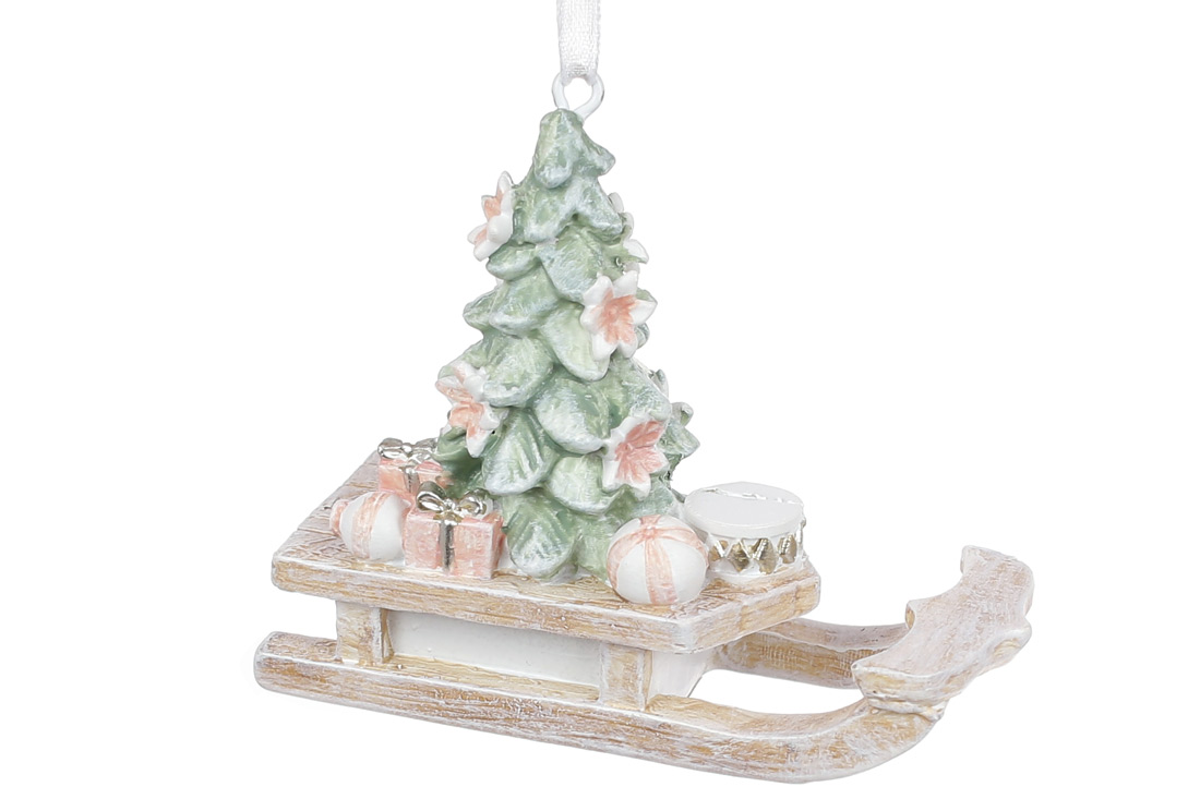 Декоративна підвіска Санки з ялинкою, 7.5см, колір - бежевий з м'ятним та рожевим - Фото