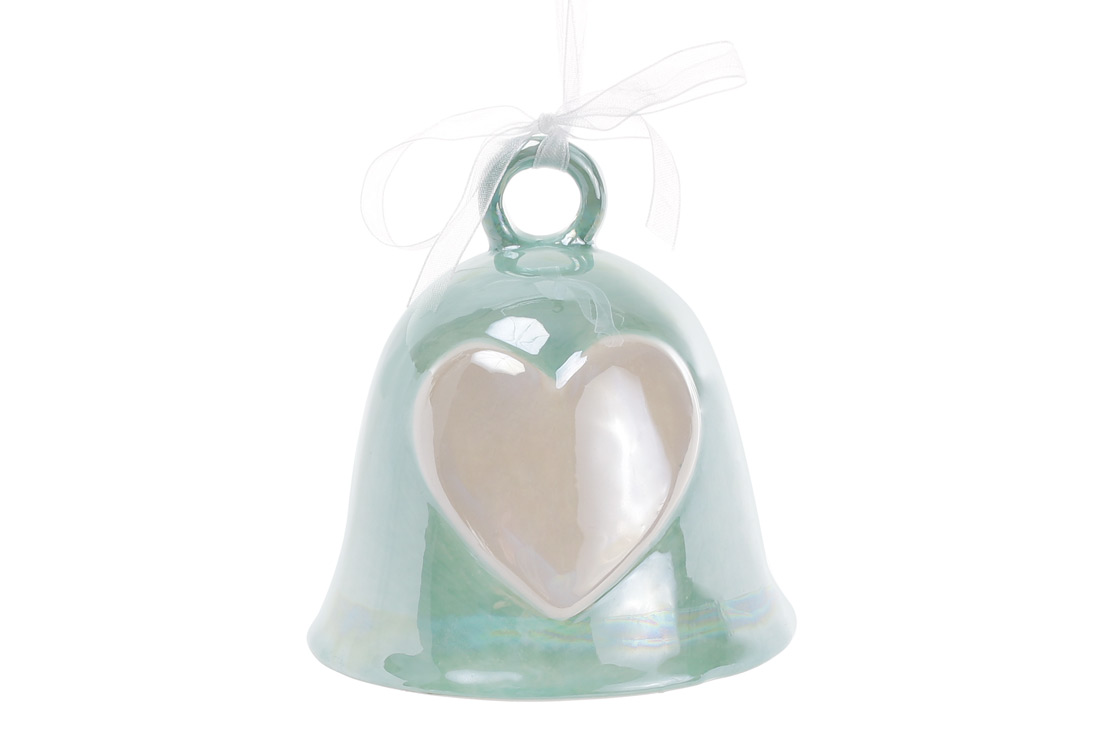 Підвісний декор дзвіночок з об'ємним декором Серце, 9см, колір - м'ятний перламутр (є крек емалі) - Фото