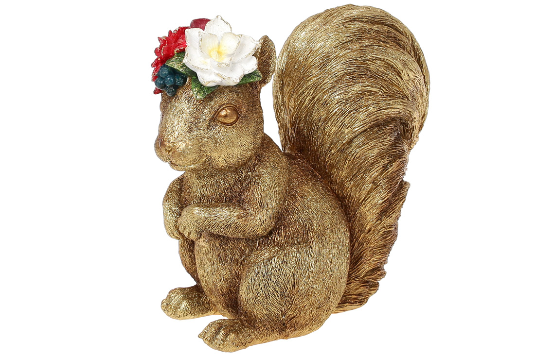 Декоративна статуетка Білка з квітами 18 см, колір - золото - Фото