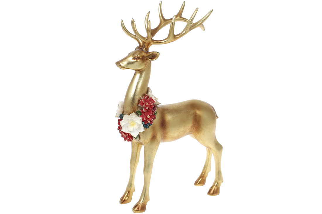 Декоративна статуетка Олень з намистом із квітів 35 см, колір - золото - Фото