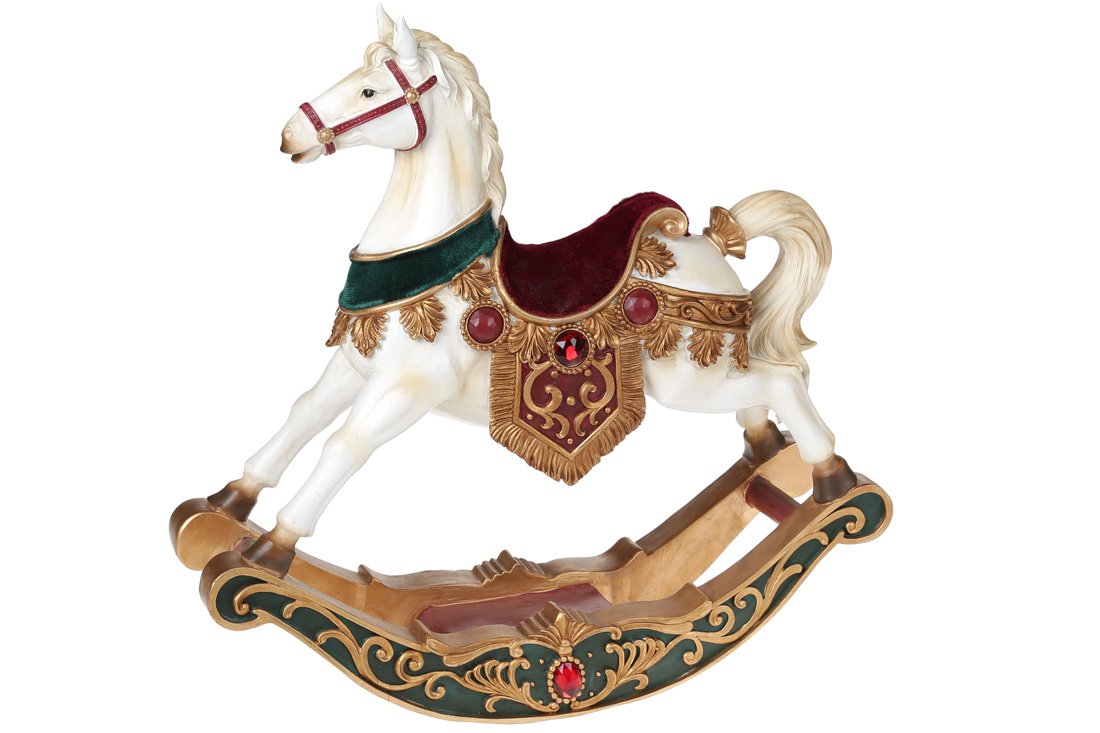 Новорічна декоративна статуетка Конячка-гойдалка з декором з оксамиту та кристалів, 33см - Фото