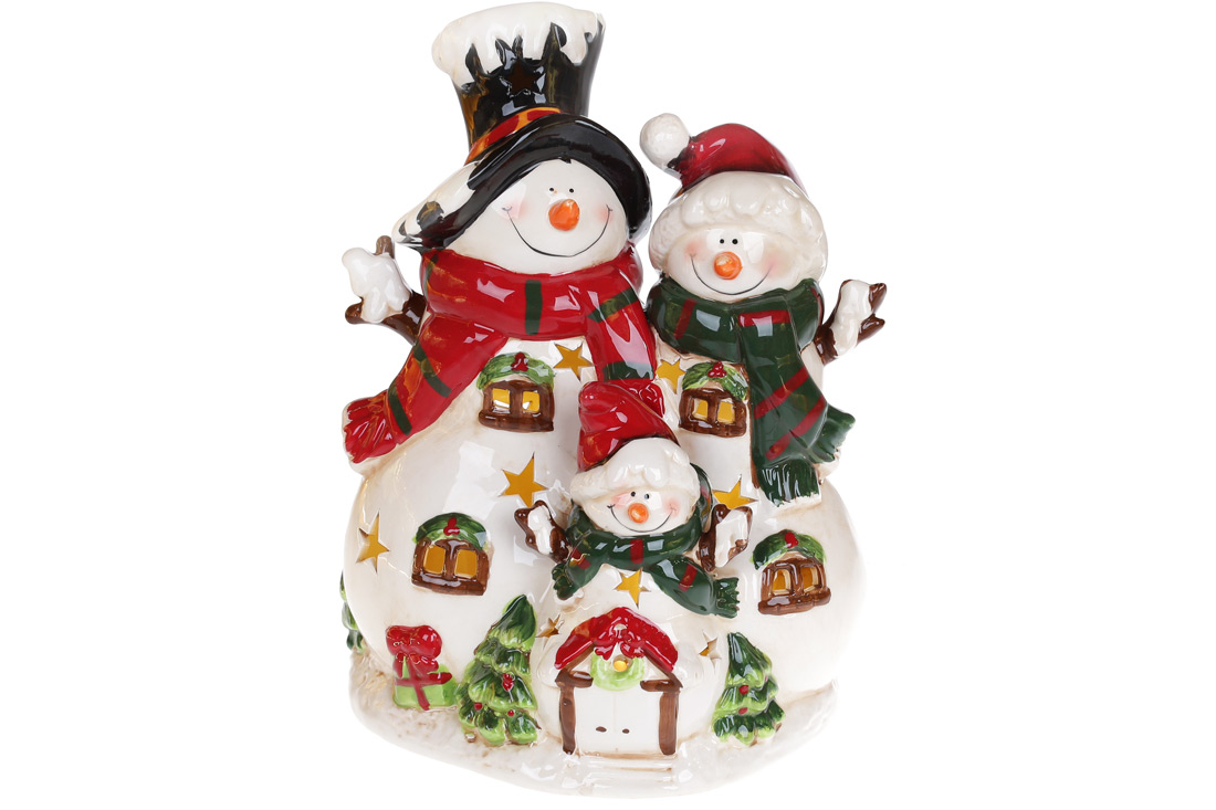 Новорічна статуетка Сім'я Сніговиків 30.5см з LED підсвічуванням на батарейках (3xAAA), 2 режими роботи - теплий білий та кольорові переливи. - Фото