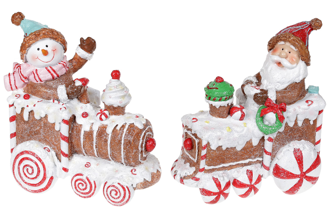 Декоративна фігурка Пряниковий паровоз 17см, 2 дизайни - з Сантою та сніговиком - Фото