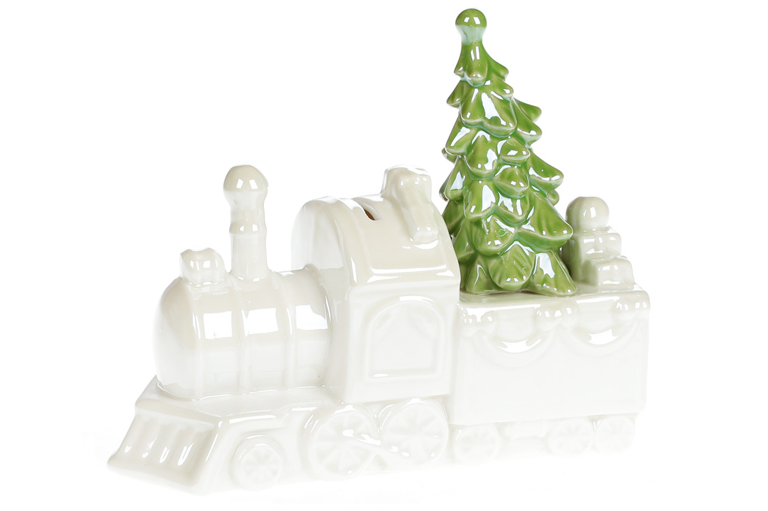 Декоративна керамічна статуетка-скарбничка Паровоз, 20см, колір - білий перламутр - Фото