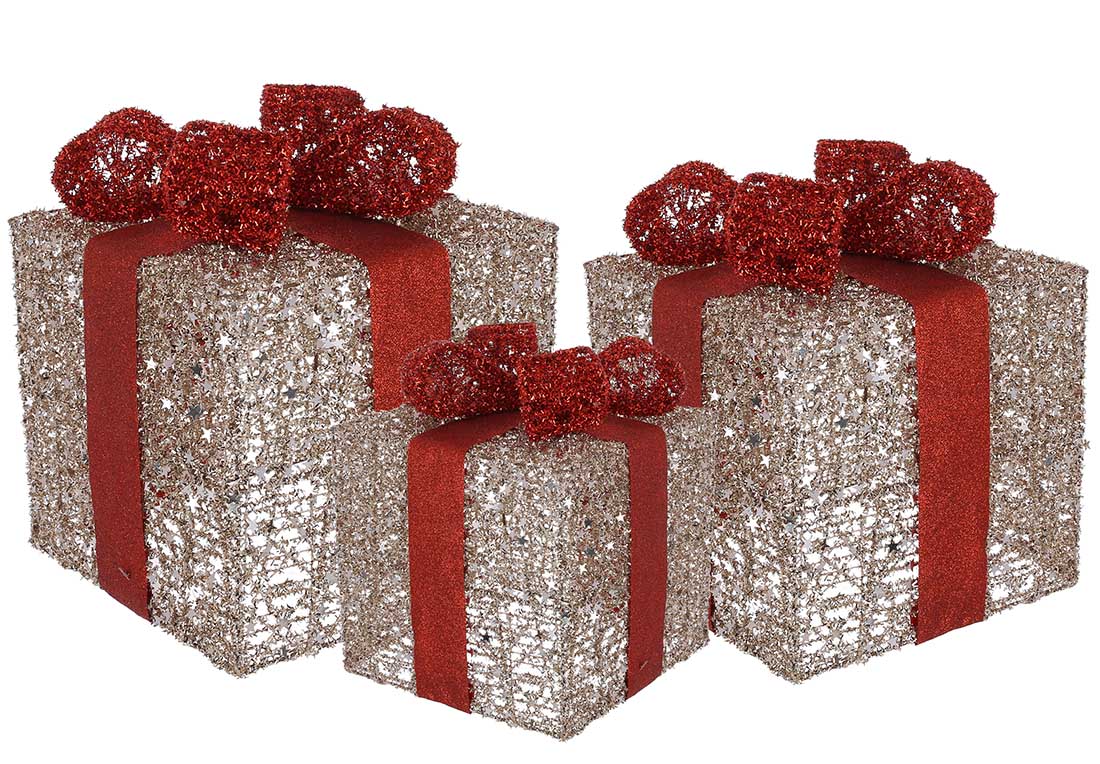 Набір декоративних подарунків (3шт) з підсвічуванням, 15см, 20см, 25см, колір - золото з червоним - Фото