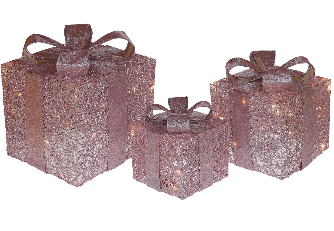 Набір декоративних подарунків (3шт) з підсвічуванням, 15см, 20см, 25см, колір - рожевий - Фото