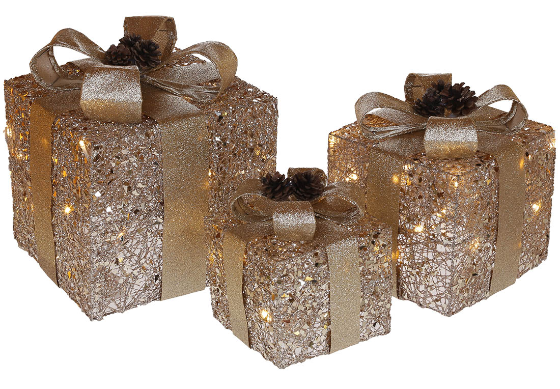 Набір декоративних подарунків (3шт) з підсвічуванням, 15см, 20см, 25см, колір - золото - Фото