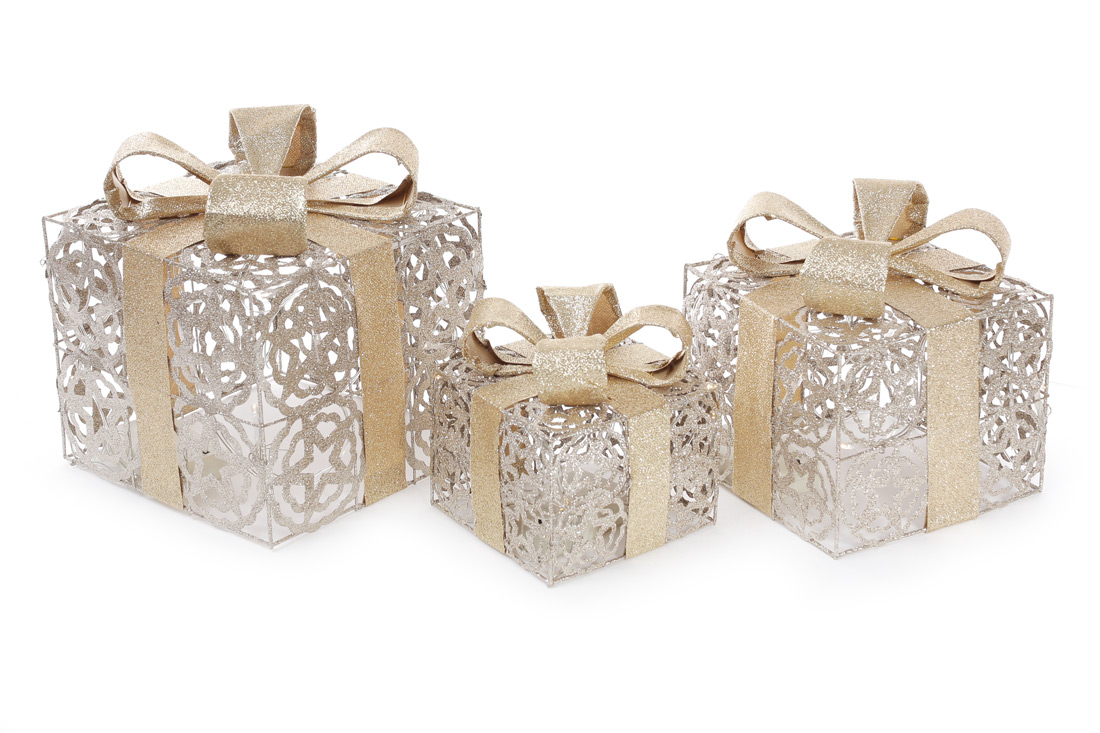 Набір декоративних подарунків (3шт) з підсвічуванням, 12.5см, 16.5см, 20см, колір - шампань із золотом - Фото