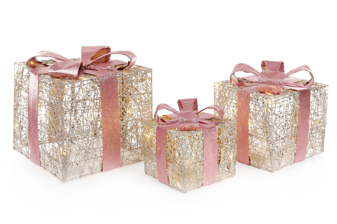 Набір декоративних подарунків (3шт) з підсвічуванням, 20см, 25см, 30см, колір - шампань з рожевим - Фото