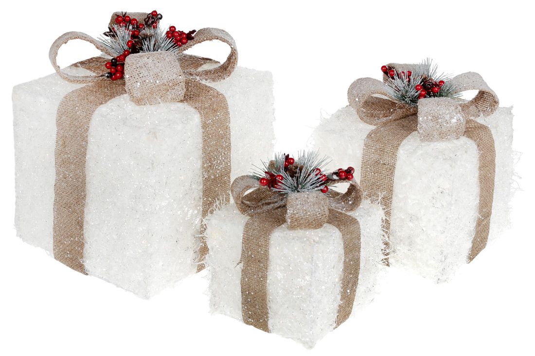 Набір декоративних подарунків (3шт) з підсвічуванням, 15см, 20см, 25см, колір - білий з бежевим - Фото