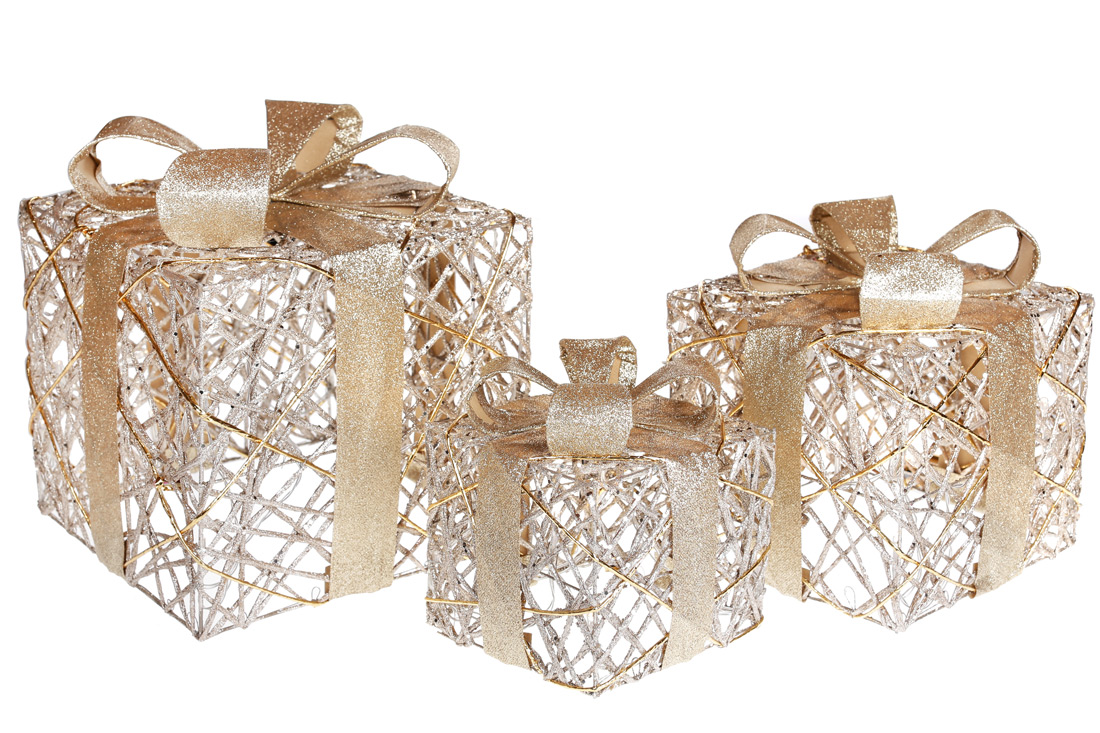 Набір декоративних подарунків (3шт) з підсвічуванням, 15см, 20см, 25см, колір - світле золото - Фото