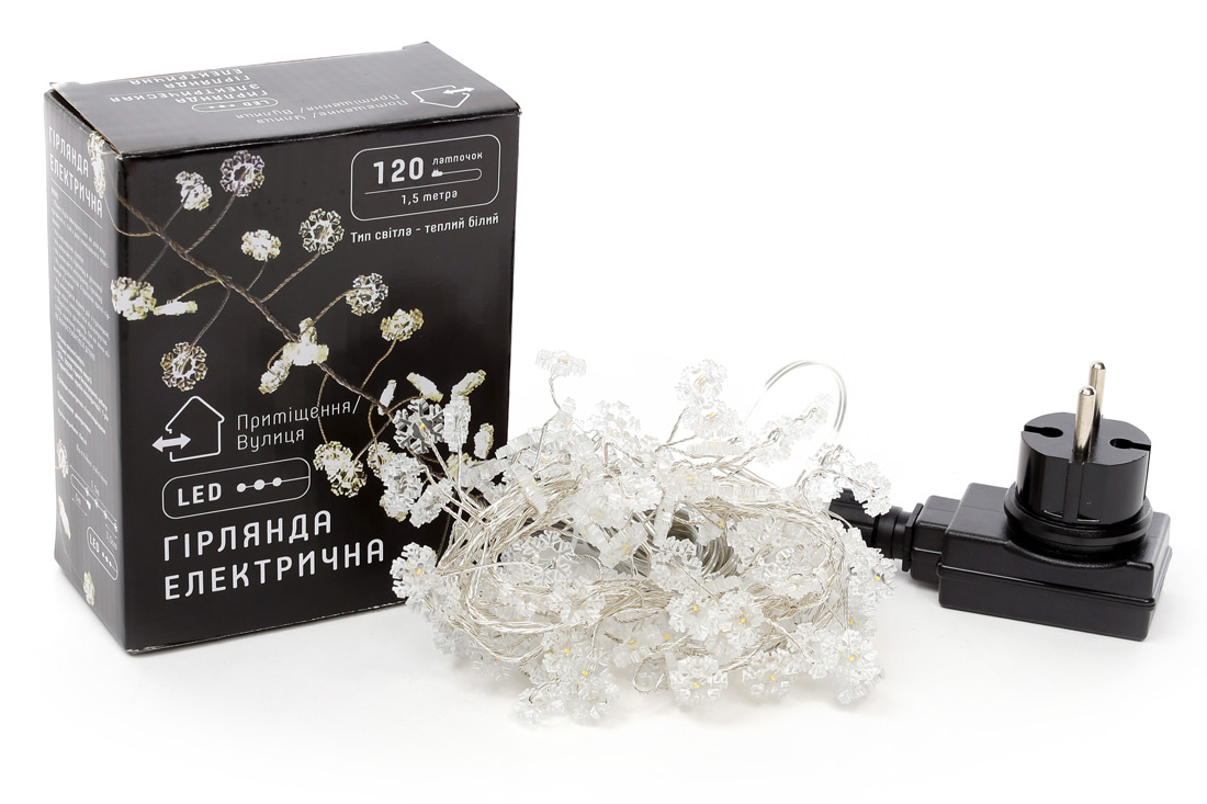 Гірлянда-кластер 120 міні-LED: 1 лінія 1,5 метра, з декором на лампочку "Сніжинка", колір - теплий білий, постійне свічення - Фото