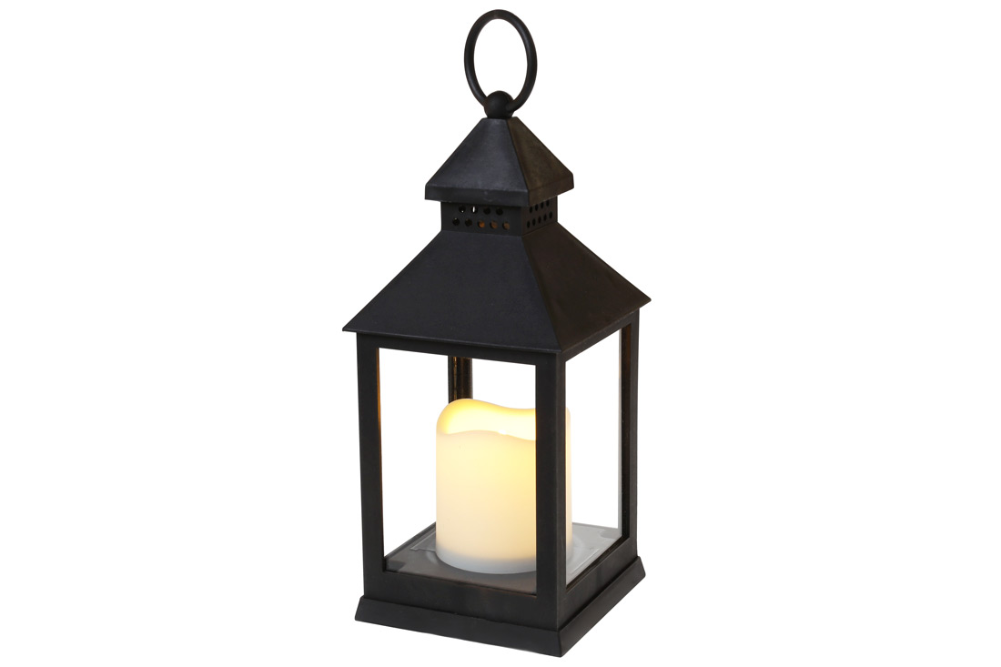 Декоративний ліхтар 24см зі свічкою з LED підсвічуванням (тепле біле мерехтливе світло) на батарейках (3хААА - не входять до комплекту), колір - чорни - Фото