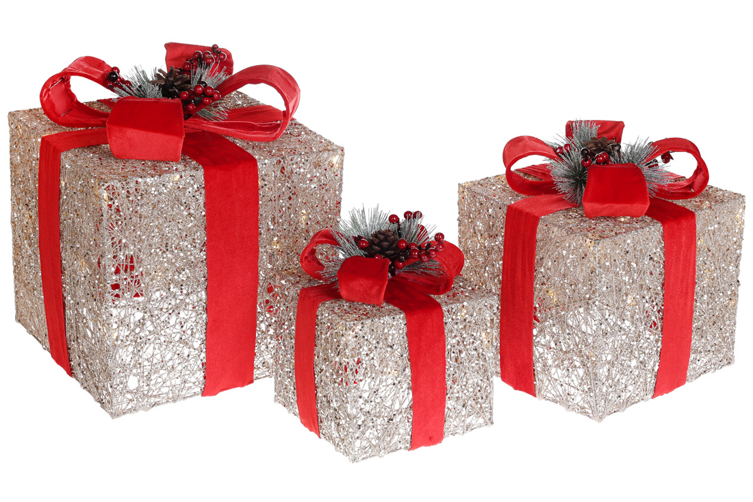 Набір декоративних подарунків (3шт) з підсвічуванням, 15см, 20см, 25см, колір - шампань із червоним оксамитовим бантом - Фото