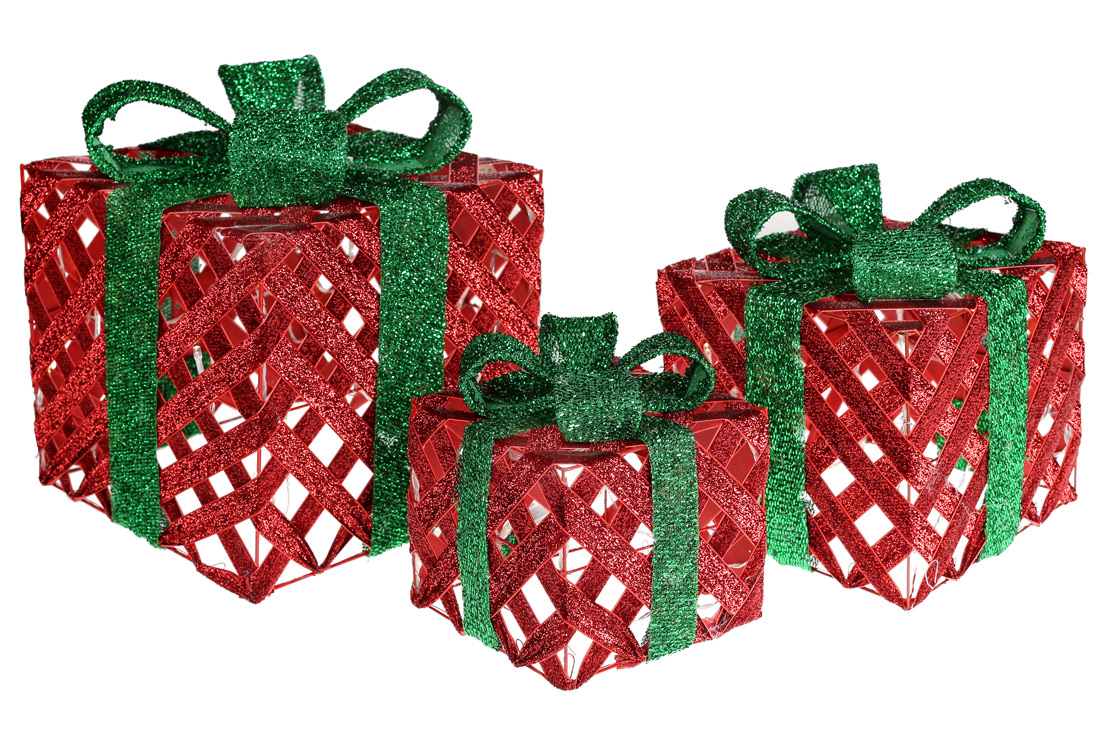 Набір декоративних подарунків (3шт) з підсвічуванням (2 режими - з функцією миготіння і без), 15см, 20см, 25см, колір - червоний із зеленим - Фото