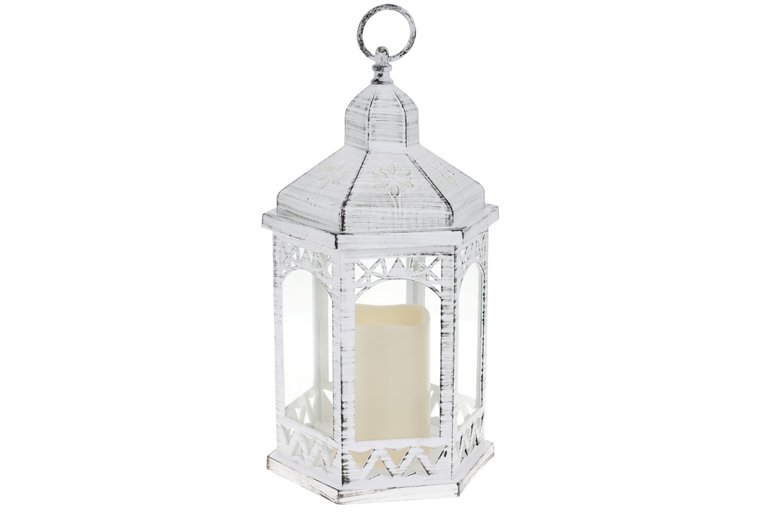 Декоративний ліхтар зі свічкою з LED підсвічуванням (тепле біле світло) на батарейках (3хААА - не входять в комплект), 31см, колір - білий з патиною - Фото