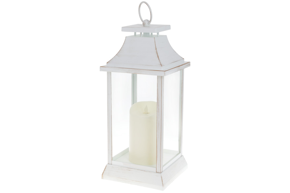 Декоративний ліхтар зі свічкою з LED підсвічуванням (тепле біле світло) на батарейках (2*С - не входять до комплекту), 41см, колір - білий із золотою - Фото