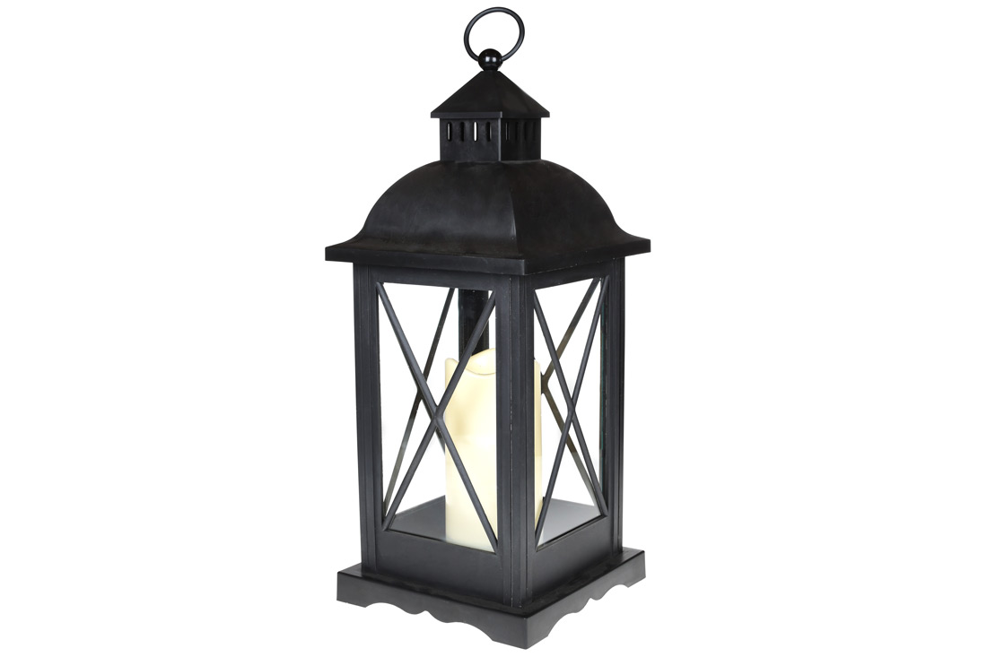 Декоративний ліхтар 58см зі свічкою з LED підсвічуванням (тепле жовте мерехтливе світло) на батарейках (3xС - не входять до комплекту), колір - чорний - Фото