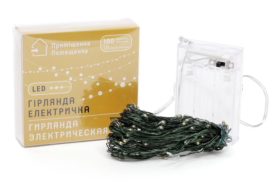 Гірлянда 100 міні-LED: 1 лінія 10 метрів, 100 діодів/нитка, колір - теплий білий, постійне свічення, адаптер на 3AA батареї, колір дроту - зелений - Фото