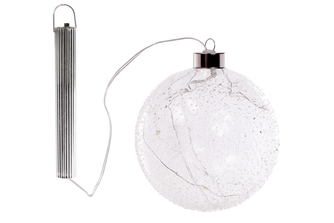 Ялинкова куля 12см з LED-підсвічуванням (10 ламп), прозоре скло з покриттям "лід" - Фото