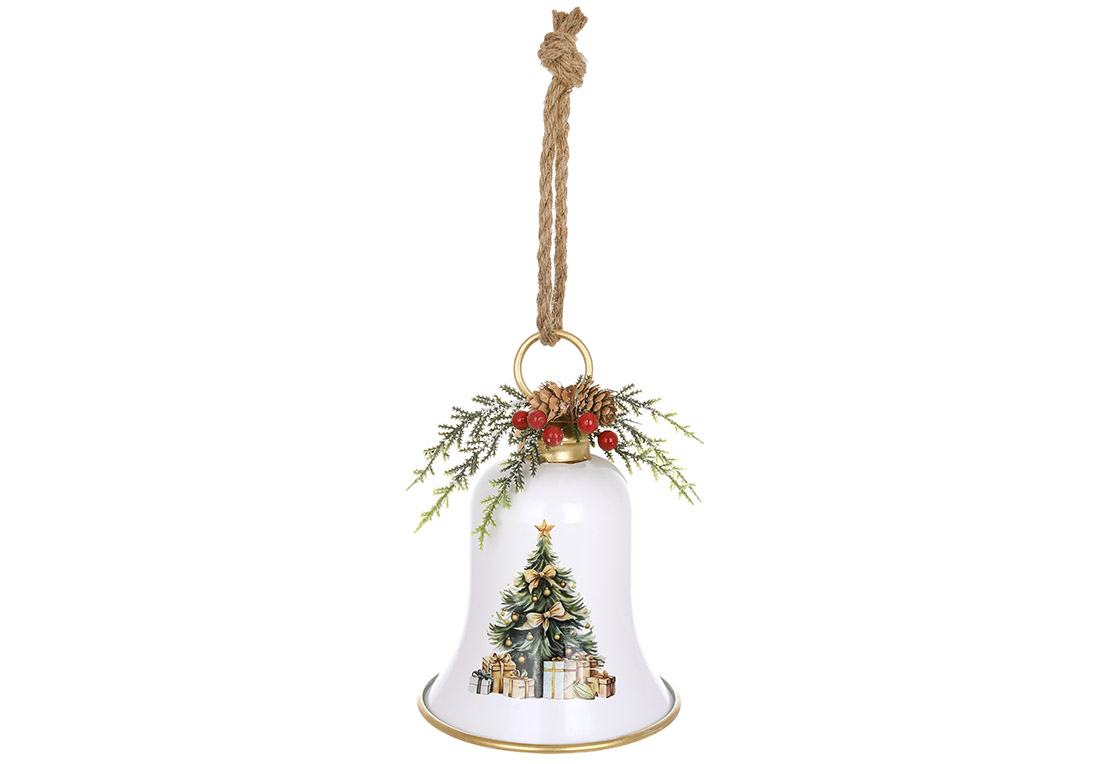 Металева підвіска Christmas bell з декором із хвої D15.5*22.5см, колір - білий - Фото