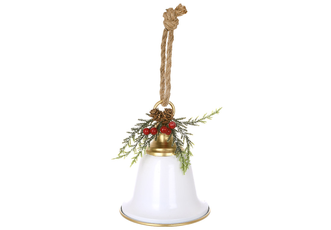 Металева підвіска Christmas bell з декором із хвої D15*18см, колір - білий