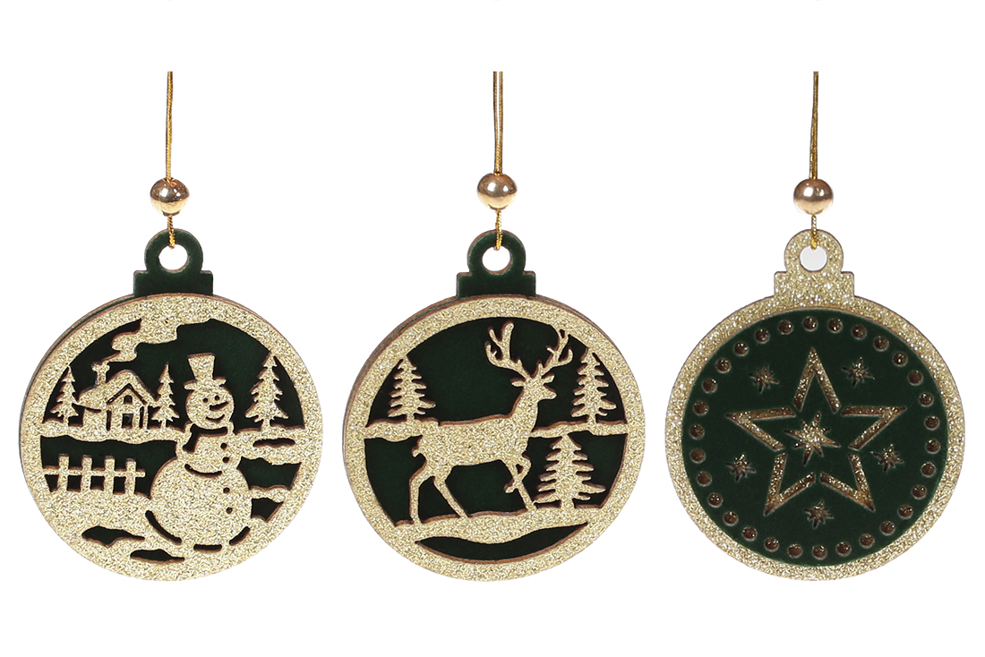 Новорічний підвісний декор з бордовим оксамитом, 7,3 см, 3 дизайни - Фото