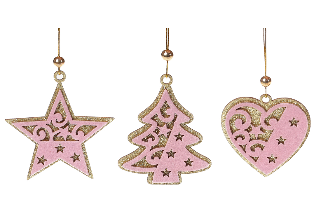 Новорічний підвісний декор з рожевим оксамитом, 7,5 см, 3 дизайни - Фото