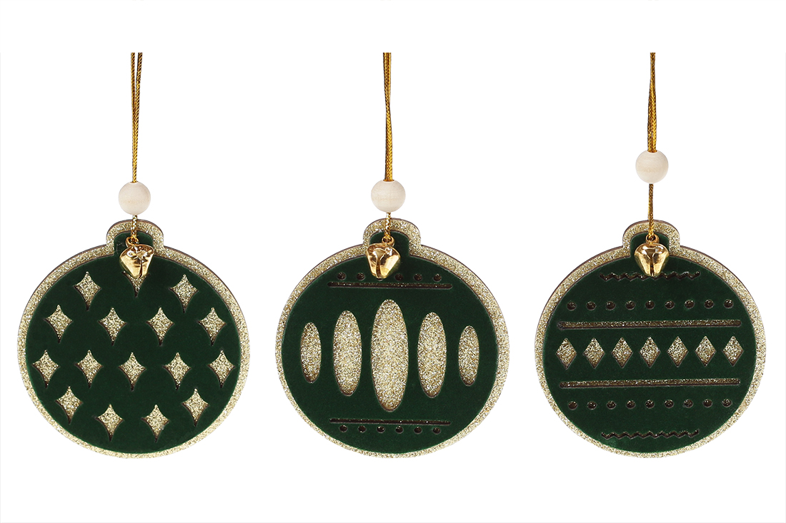 Новорічний підвісний декор з темно-зеленим оксамитом, 8,5 см, 3 дизайни - Фото
