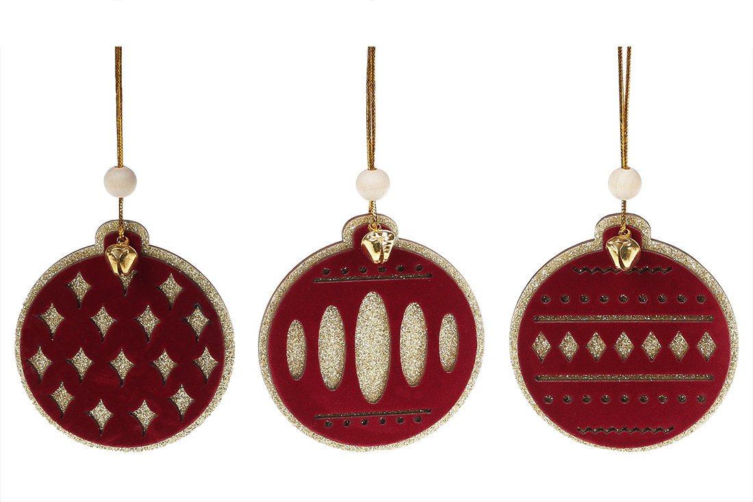 Новорічний підвісний декор з бордовим оксамитом, 8,5 см, 3 дизайни - Фото