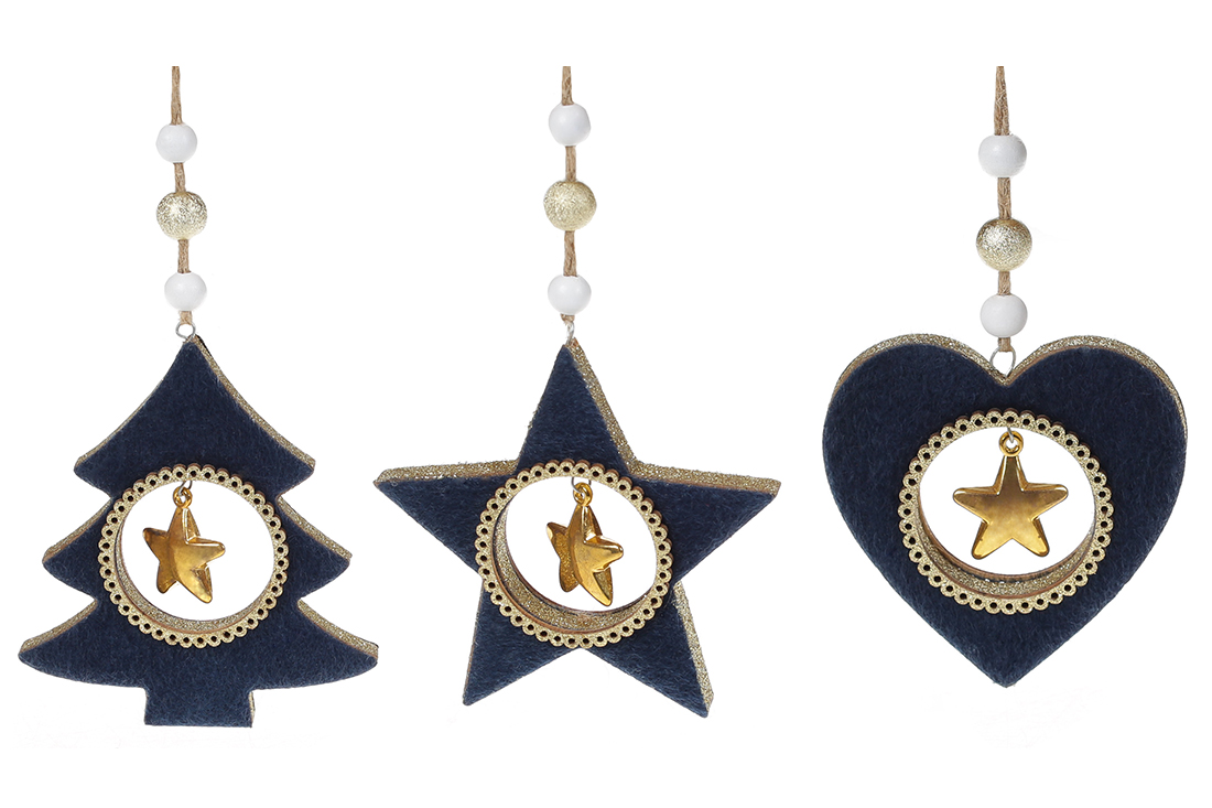 Новорічний підвісний декор з оксамитом, 11см, 3 дизайни, колір - темно-синій - Фото