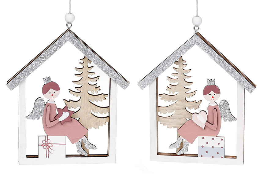Новорічна підвіска Будиночок з Янголом 11.5см, 2 дизайни - Фото