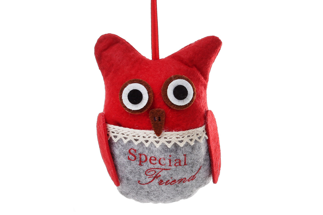 Новорічна прикраса Сова 11см, колір - червоний із сірим - Фото