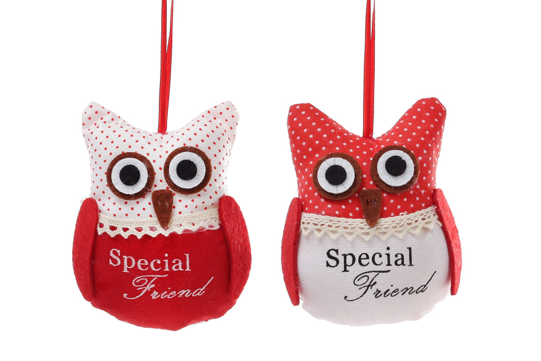 Новорічна прикраса Сова 11см, 2 дизайни, колір - червоний з білим - Фото