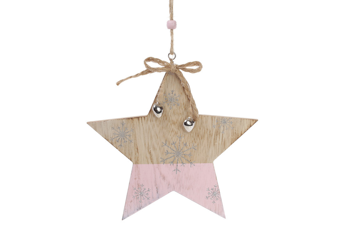 Новорічна прикраса-підвіска Зірка 17.5см, колір - рожевий з натуральним деревом - Фото