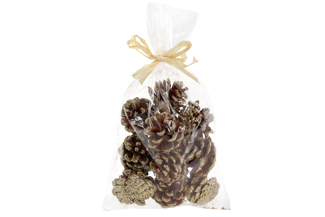 Набір (12 шт) шишок 4.5см для декору із золотим напиленням - Фото