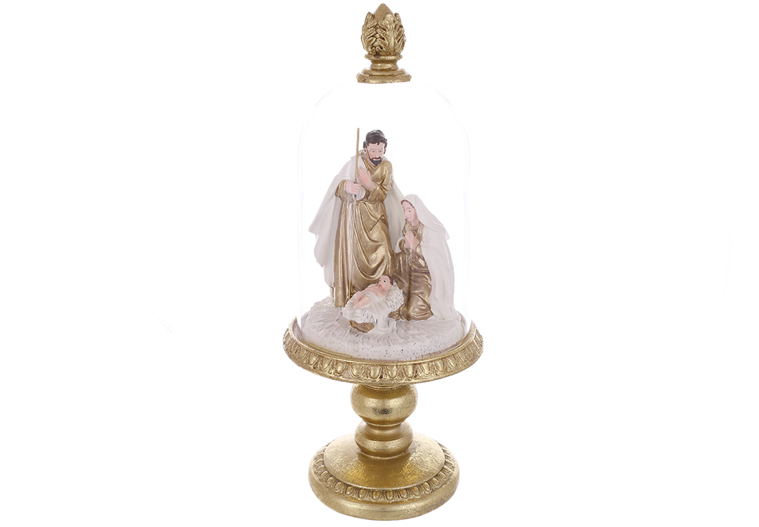 Різдвяний вертеп під скляним ковпаком 35см, колір - золото з білим - Фото