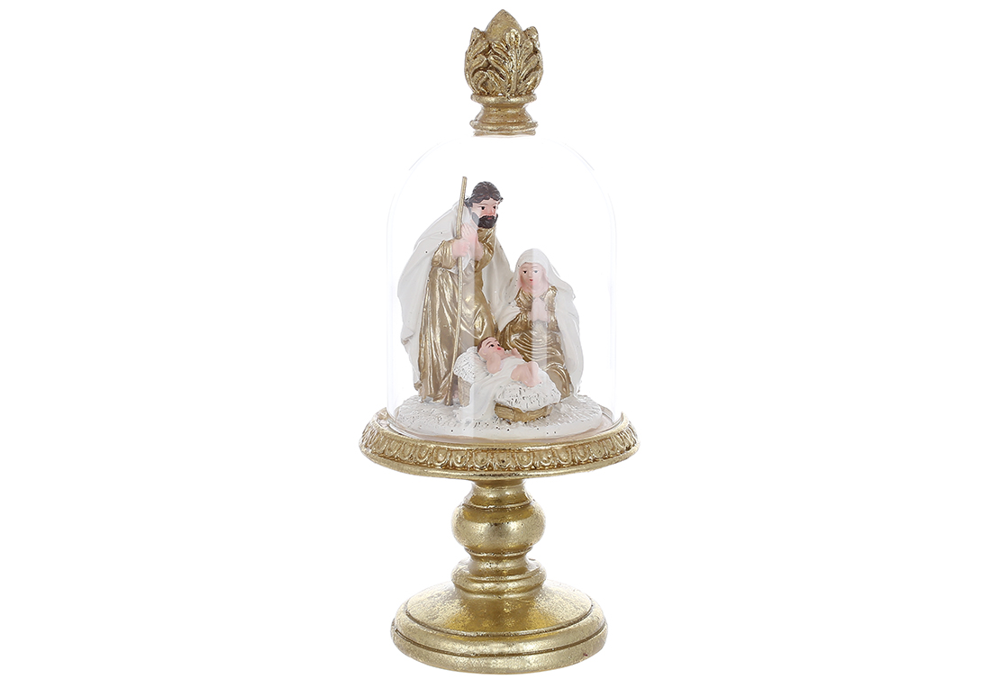 Вертеп Різдвяний під скляним ковпаком 21.8см, колір - золото з білим - Фото