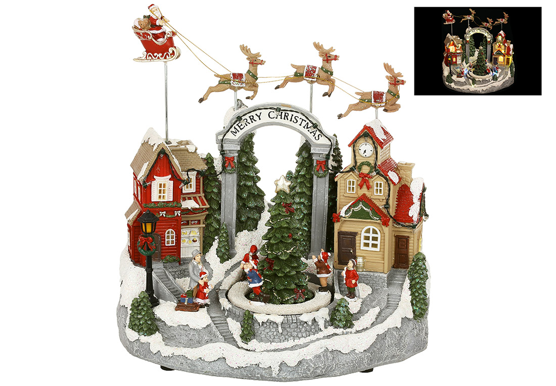 Музична фігура Різдвяне мiсто з LED підсвічуванням 31см (Санта з оленями з функцією руху вгору-вниз) (пісня Jingle Bells) - Фото