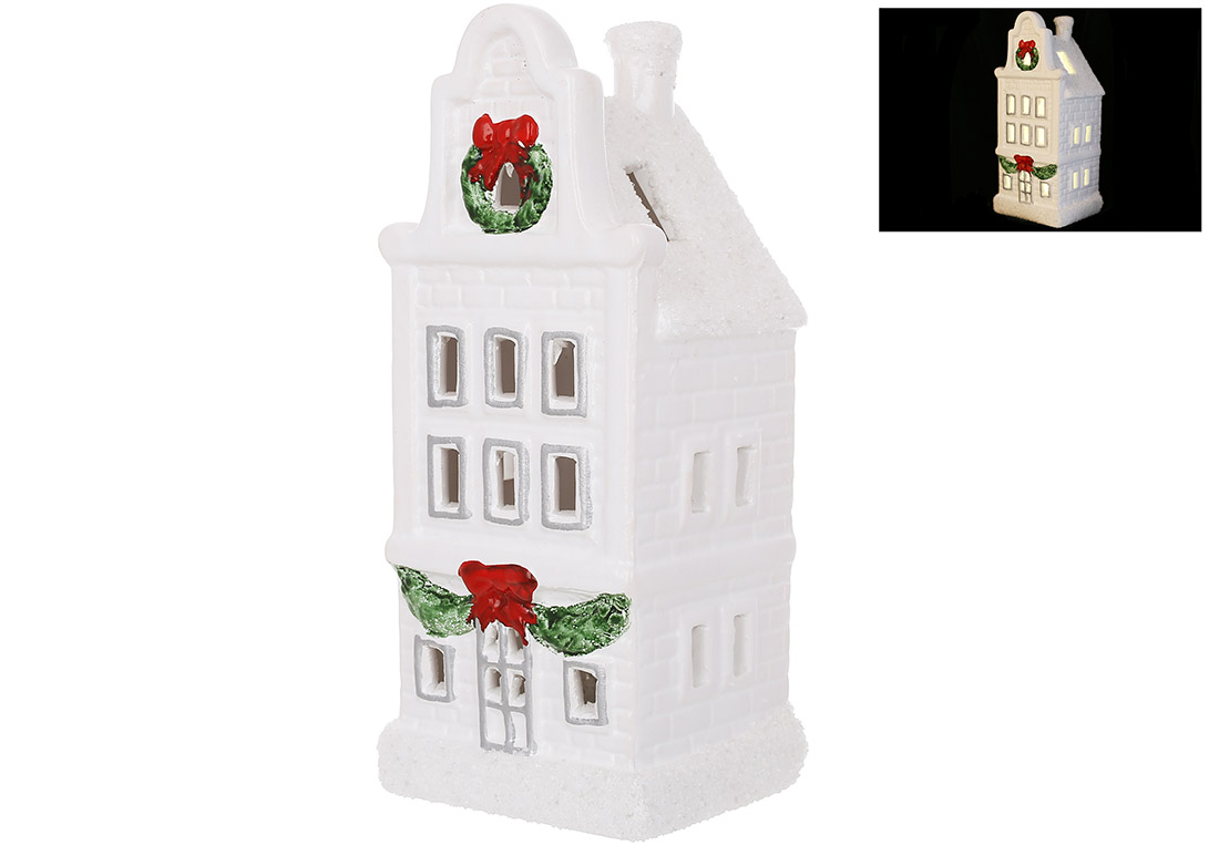 Керамічний Дім з LED підсвічуванням і білою присипкою, 7.5*6.7*18см, колір - білий - Фото