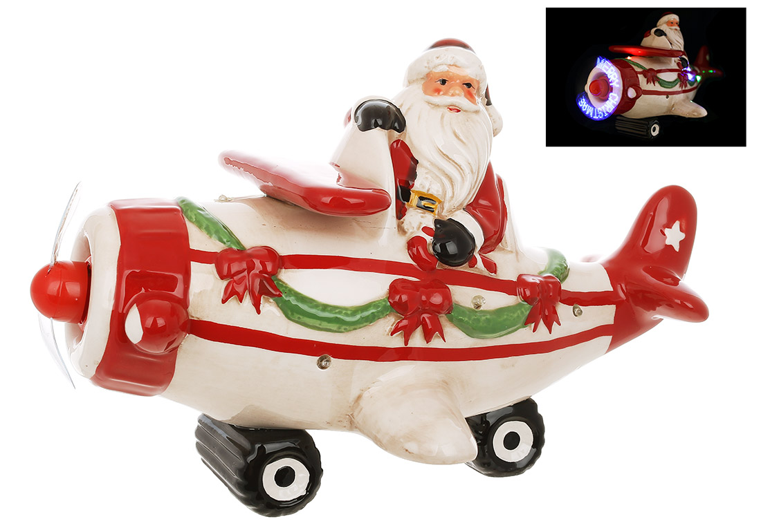 Фігура Санта на літаку: з LED-підсвічуванням, музикою Jingle Bells і пропелером що крутиться (3хАААА не входять до комплекту)19см - Фото