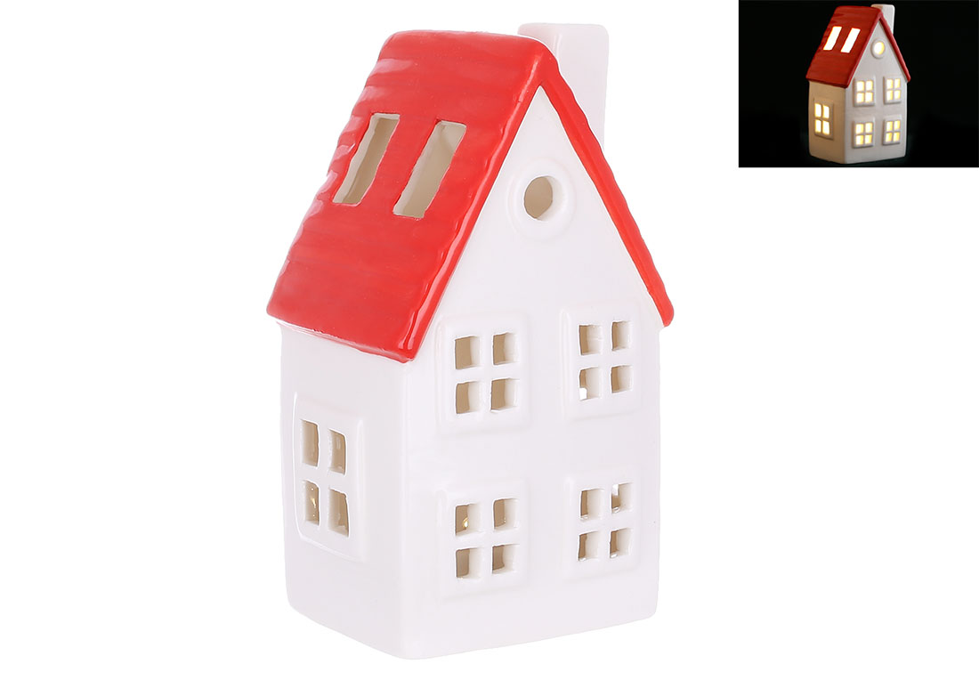 Декоративний Будинок з підсвічуванням LED, 7.7*6.2*13.5см, колір - білий з червоним - Фото